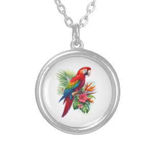 Red macaw tropical floral silver plated necklace