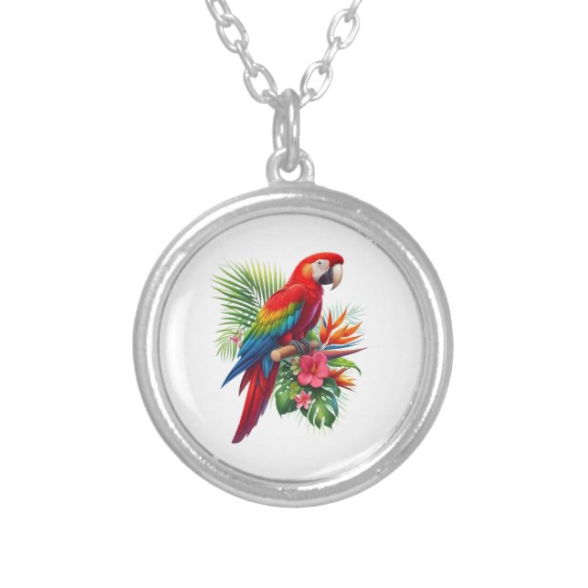 Red macaw tropical floral silver plated necklace (Front)