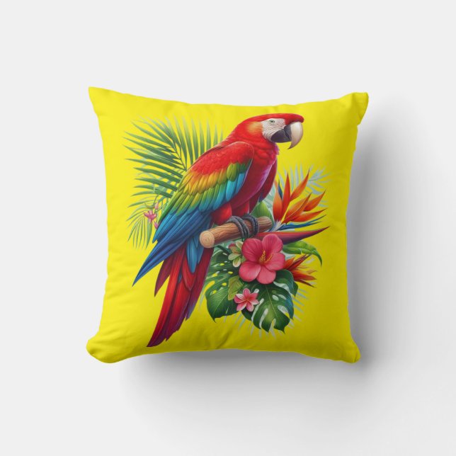 Red macaw tropical floral throw pillow (Front)