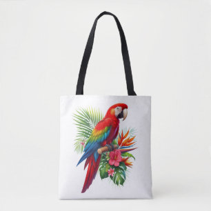 Red macaw tropical floral tote bag