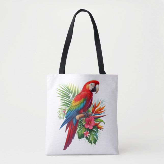 Red macaw tropical floral tote bag (Front)