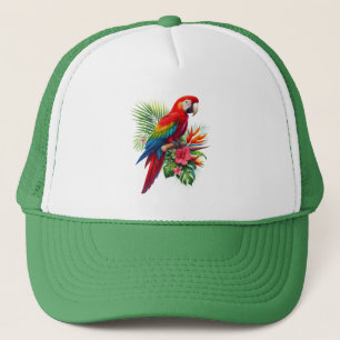 Red macaw tropical floral trucker hat