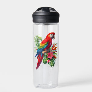 Red macaw tropical floral water bottle