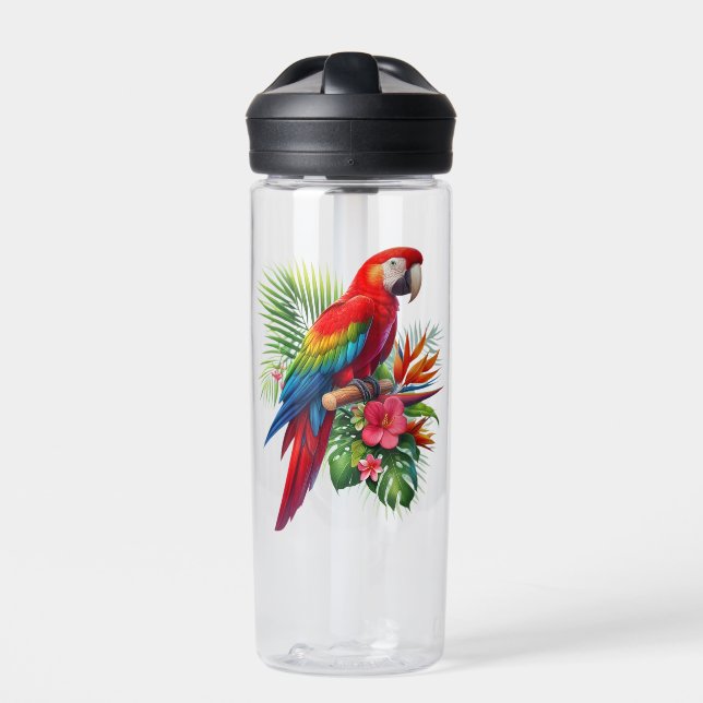 Red macaw tropical floral water bottle (Front)
