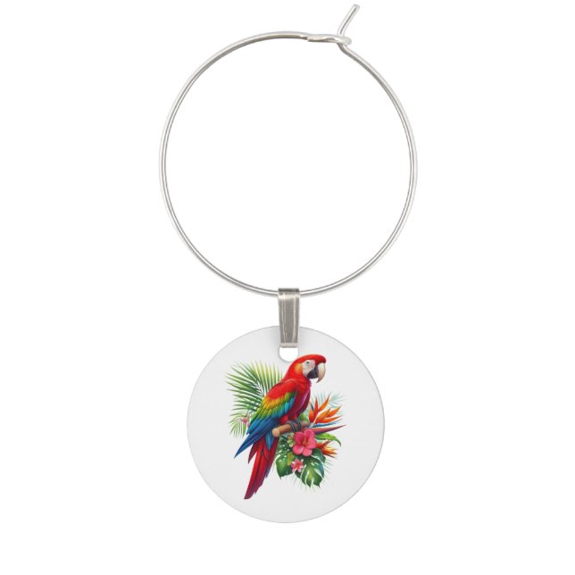 Red macaw tropical floral wine charm (Front)