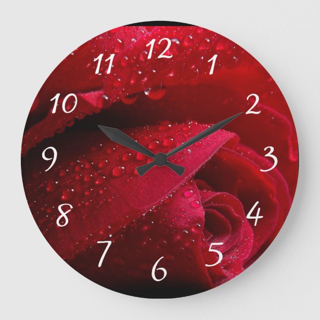 Red Macro Rose with Water Droplets Large Clock (Front)