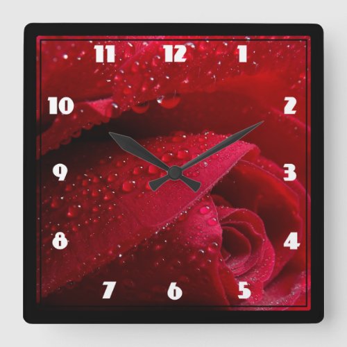 Red Macro Rose with Water Droplets Square Wall Clock