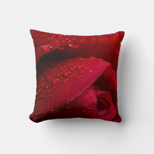 Red Macro Rose with Water Droplets Throw Pillow