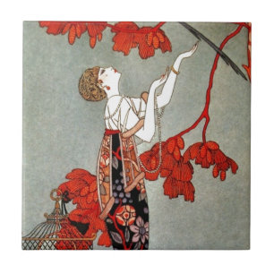 Red Madame Art Deco Design Ceramic Tile