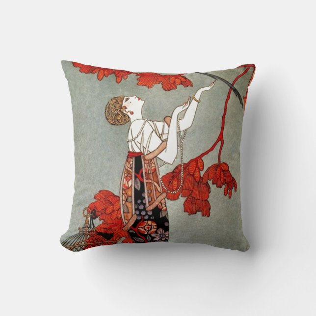 Red Madame Art Deco Design Throw Pillow (Front)