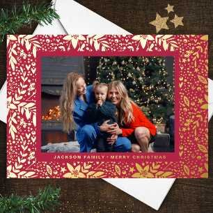 RED Magenta GOLD Botanical Christmas Frame Photo Foil Holiday Card