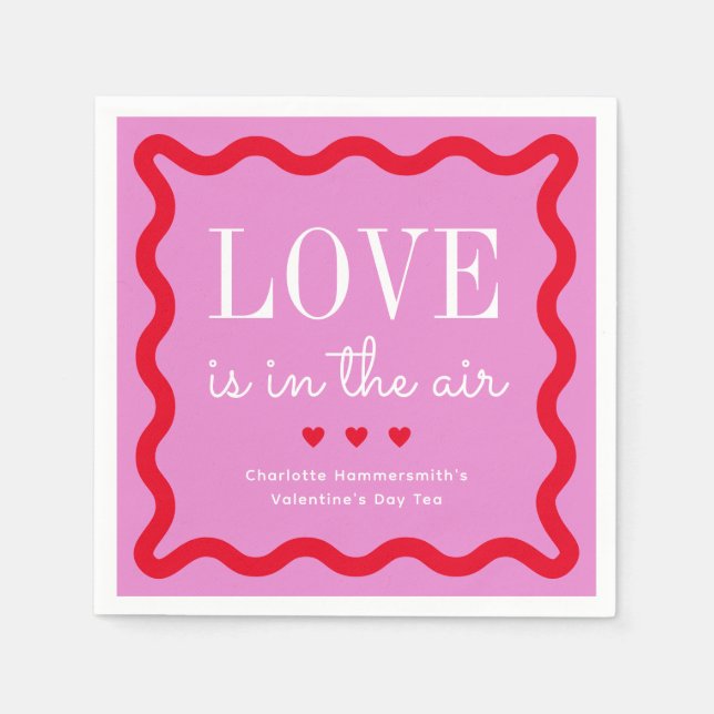 Red Magenta Love is in the Air Wavy Square Napkins (Front)
