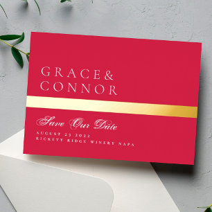 Red Magenta Stripe Photo Save The Date Foil Invitation