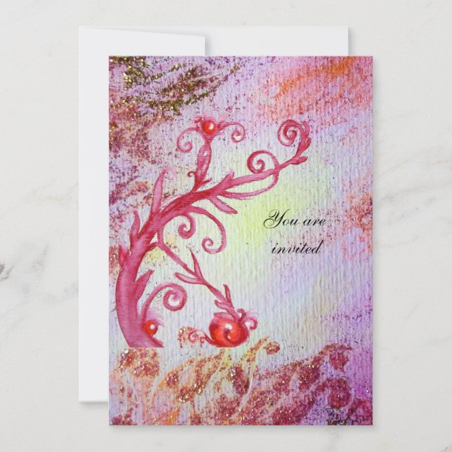 RED MAGIC SWIRLS IN  PURPLE YELLOW GOLD SPARKLES INVITATION (Front)
