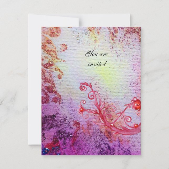 RED MAGIC SWIRLS IN  PURPLE YELLOW GOLD SPARKLES INVITATION (Front)