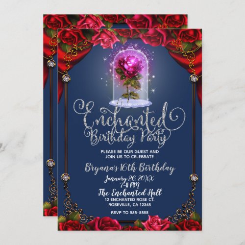 Red Magical Enchanted Red Rose Beauty Sweet 16 Invitation