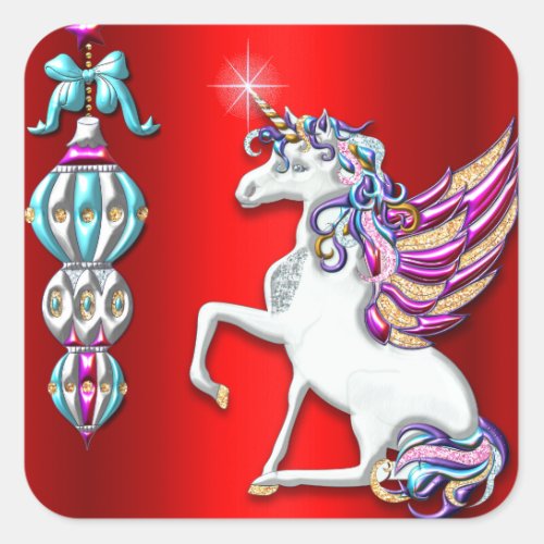 Red Magical Unicorn Christmas Square Sticker