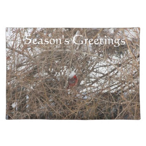 Red Male Cardinal Hiding in Snowy Hedges Placemat