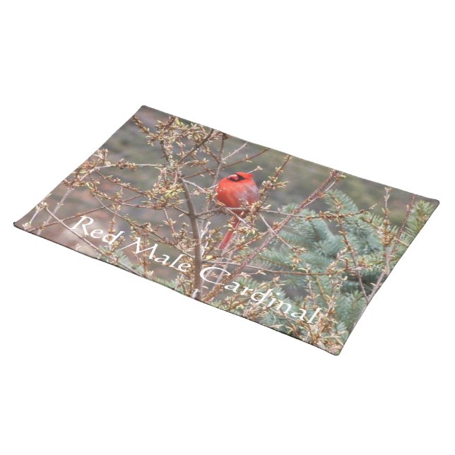 Red Male Cardinal on Hedges Placemat (On Table)