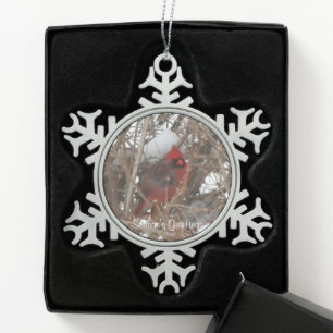 Red Male Cardinal on Snowy Branches Snowflake Pewter Christmas Ornament
