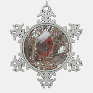 Red Male Cardinal on Snowy Branches Snowflake Pewter Christmas Ornament