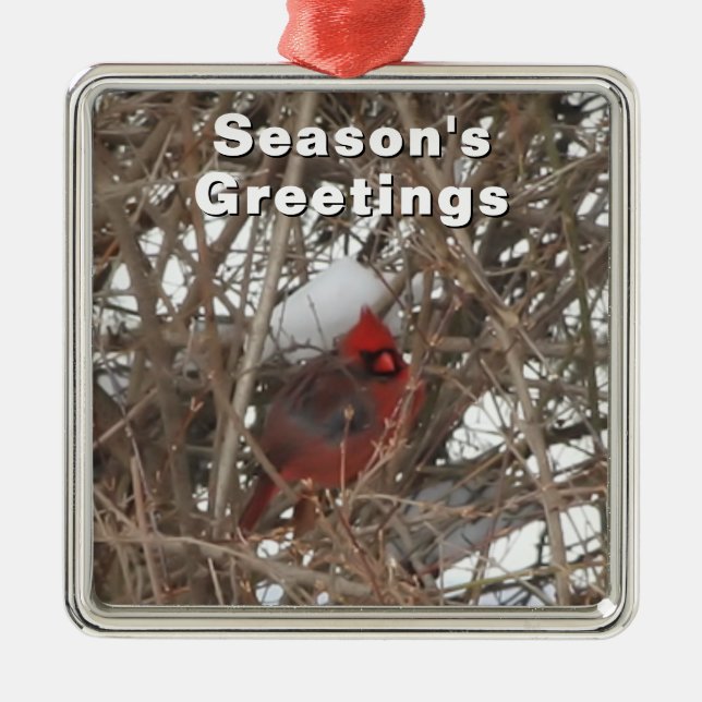 Red Male Cardinal Winter Snow Metal Ornament (Front)