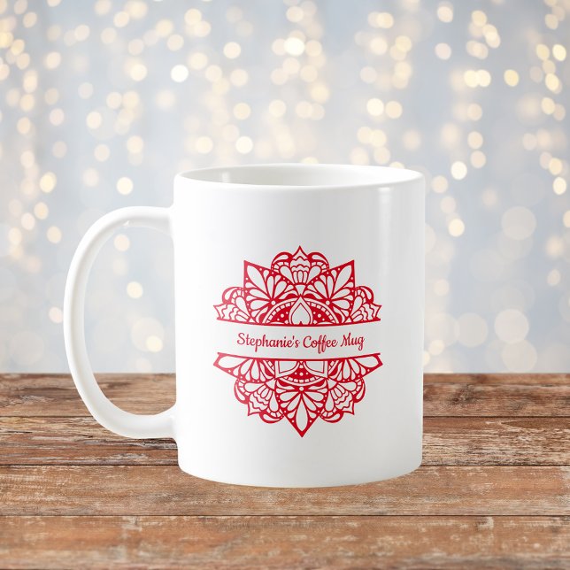 Red Mandala Art Personalized Name Coffee Mug (Creator Uploaded)