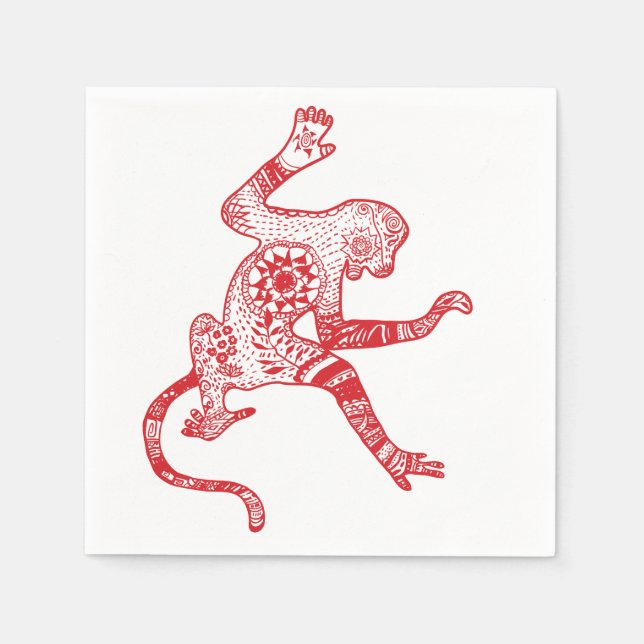 Red Mandala Fire Monkey Cocktail Paper Napkins (Front)