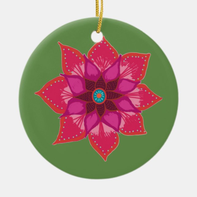Red Mandala flower art Circle Ornament (Front)
