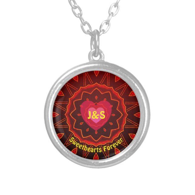 Red Mandala Monogram Silver Plated Necklace (Front)