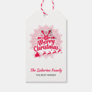 Red Mandala Snowflake & Santa Sleigh Christmas Gift Tags