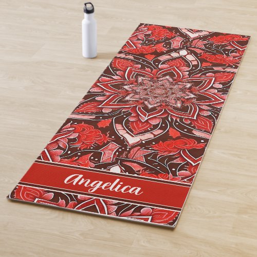 Red Mandala Yoga Mat with Customizable Name