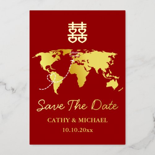 Red map destination chinese wedding save the date foil invitation