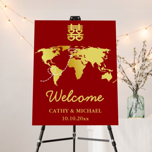 Red map destination chinese wedding welcome sign