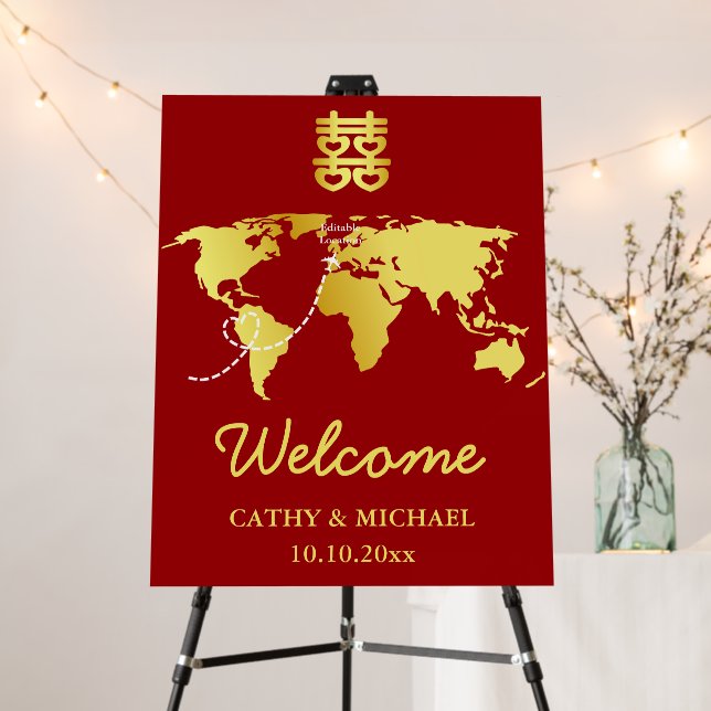 Red map destination chinese wedding welcome sign (In Situ (Stand))