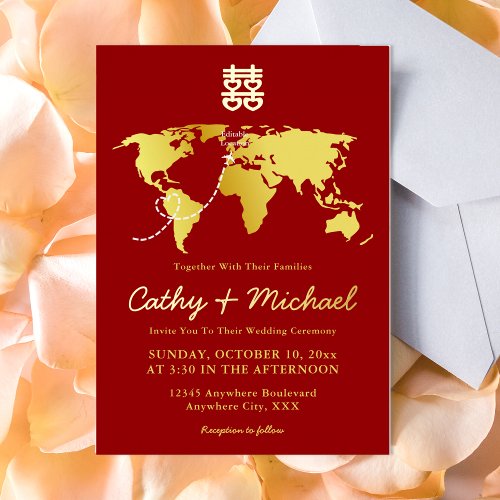 Red map destination wedding double happiness foil invitation