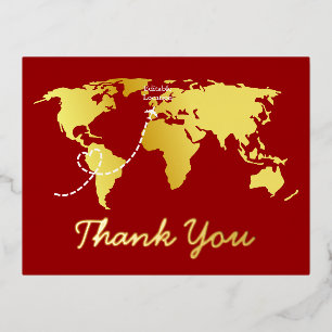 Red map destination wedding thank you foil holiday postcard