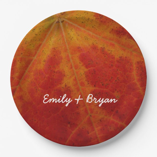 Red Maple Leaf Abstract Autumn Nature Photography Paper Plates (Front)