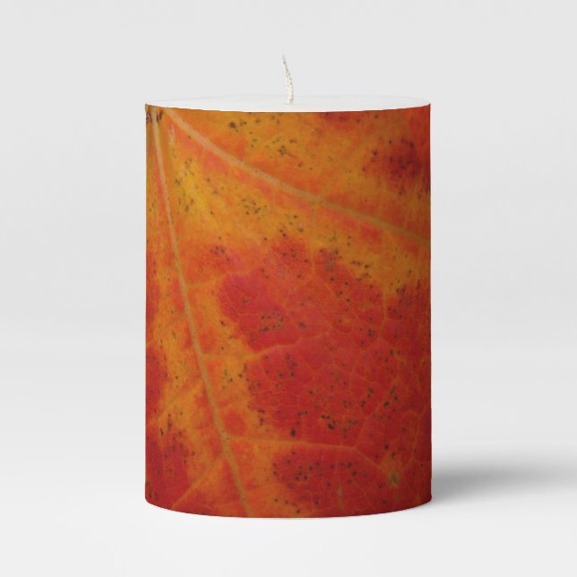 Red Maple Leaf Abstract Autumn Nature Photography Pillar Candle (Front)