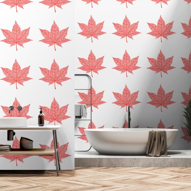 Red Maple Leaf Custom Color White Wallpaper (Bathroom)