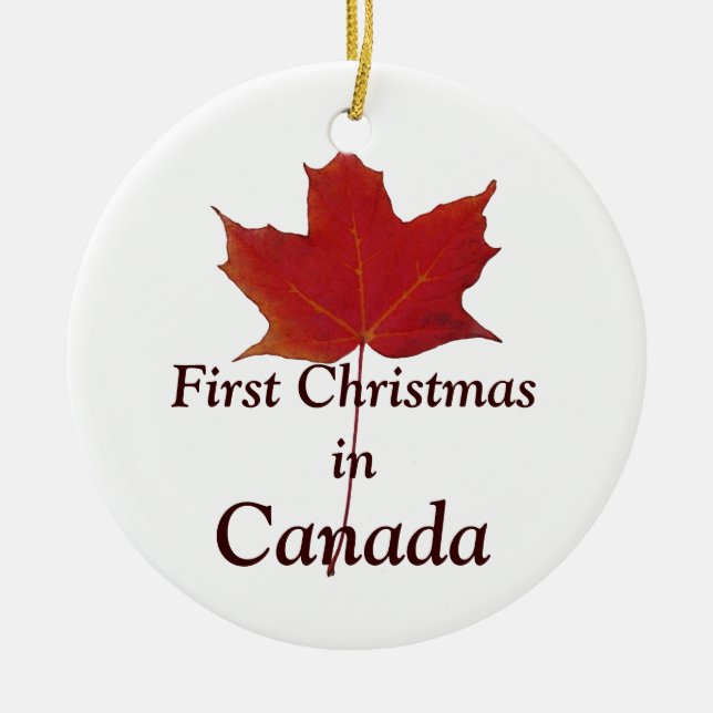 Red maple leaf  - first Christmas in Canada Ceramic Ornament (Front)