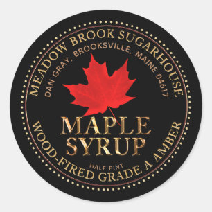Red Maple Leaf Metallic Maple-Syrup Color font   Classic Round Sticker