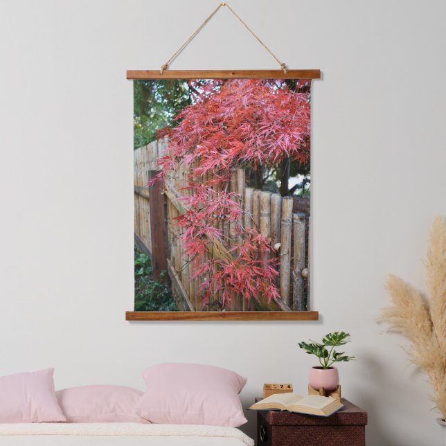 Red Maple Leaves and Bamboo Fence Hanging Tapestry (Bedroom)