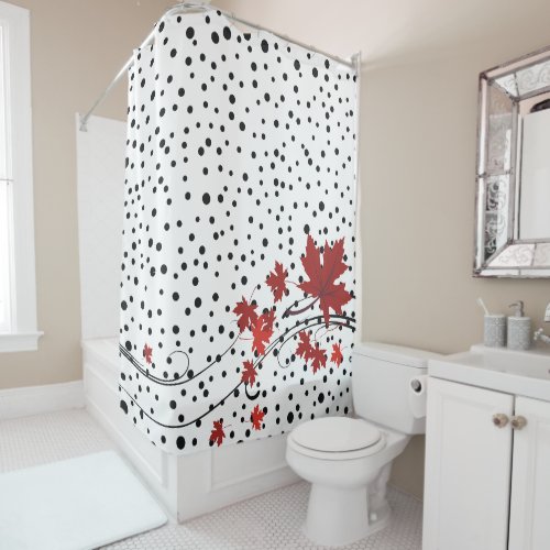 Red maple leaves and black polka dots shower curtain