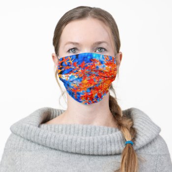 Red Maple Leaves  Blue Background Adult Cloth Face Mask by DigitalSolutions2u at Zazzle
