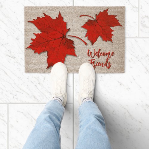 Red Maple Leaves Fall Season Welcome Coir Mat