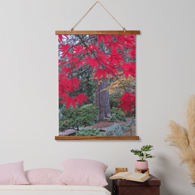 Red Maple Leaves in Japanese Garden Hanging Tapestry (Bedroom)