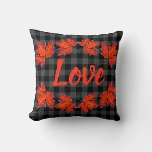 Red maple leaves love gray plaid throw pillow