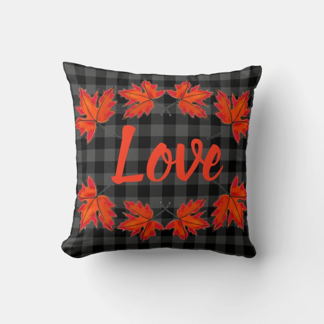 Red maple leaves love gray plaid throw pillow (Front)