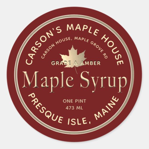 Red Maple Syrup Label with Gold Border and Leaf
